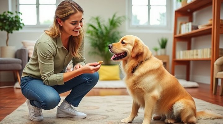 A professional dog behaviorist training a golden retriever