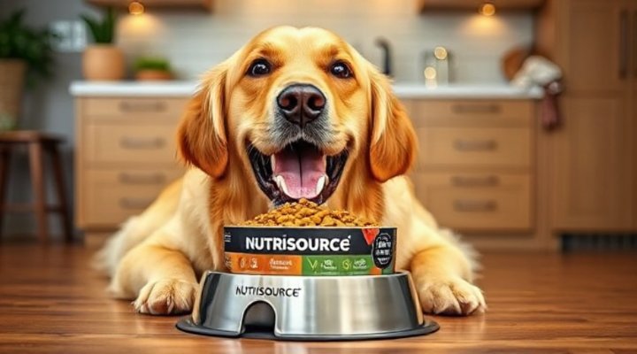 A happy golden retriever eating Nutrisource dog food from a bowl