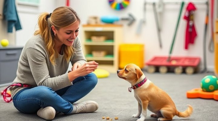 A dog behaviorist using positive reinforcement techniques with a small dog