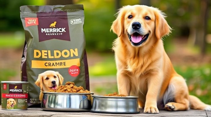 A happy golden retriever enjoying a bowl of Merrick dog food