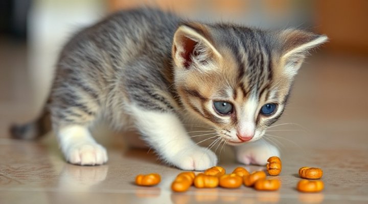 A playful kitten eating Iams cat food