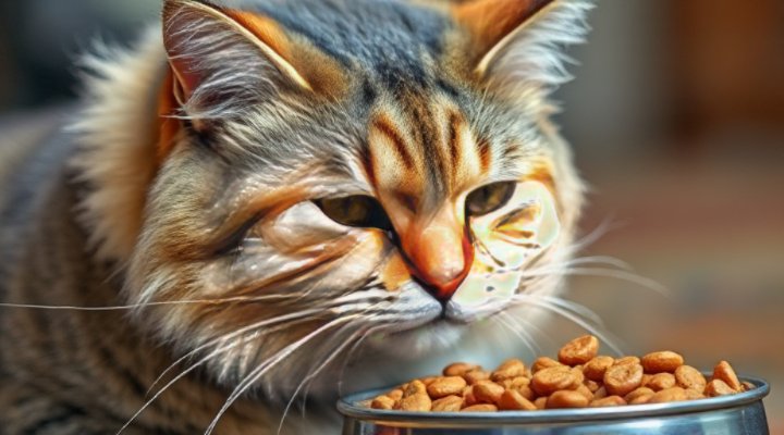 A senior cat enjoying a meal of Iams cat food