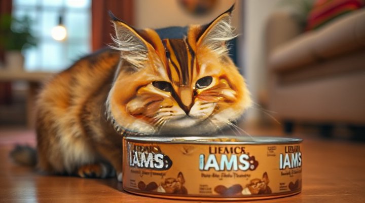 Indoor cat enjoying Iams cat food