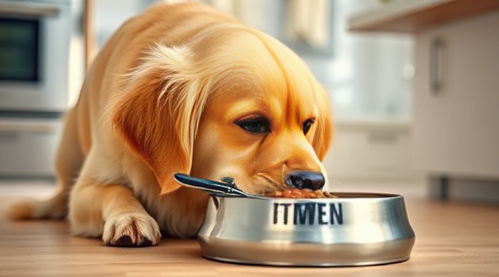 Golden retriever enjoying specially formulated sensitive stomach dog food