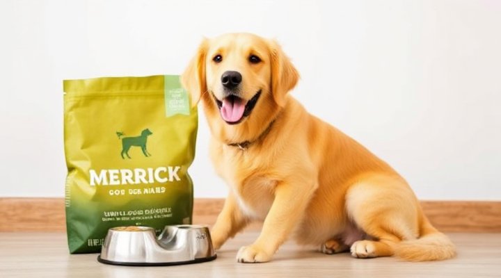 A happy golden retriever enjoying a bowl of Merrick dog food
