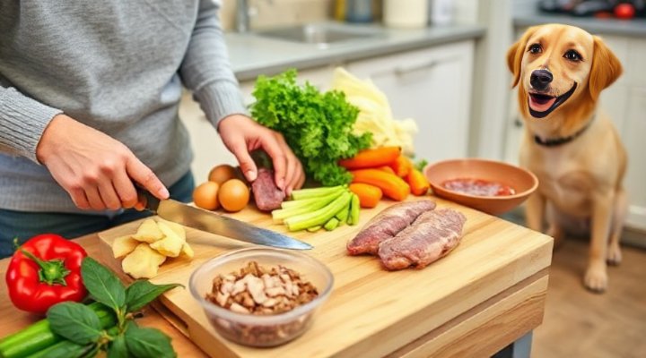 A person preparing homemade dog food with fresh ingredients