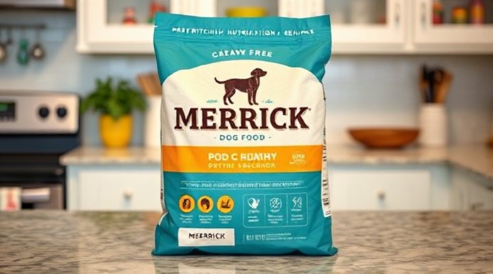 Merrick dog food packaging highlighting its nutritional benefits