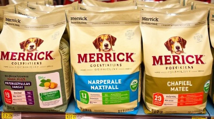 Merrick dog food packaging showcasing its high-quality ingredients