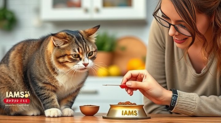 Cat owner measuring portion of Iams cat food