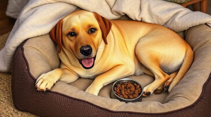 Older dog with improved digestion enjoying new food