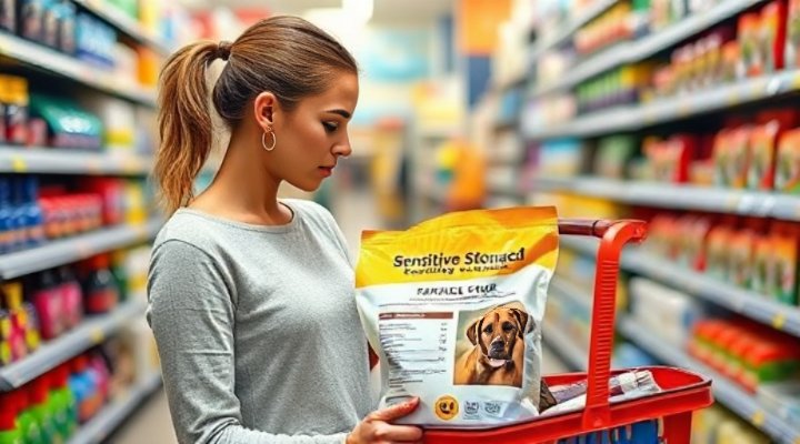 Responsible pet owner checking ingredients on dog food package