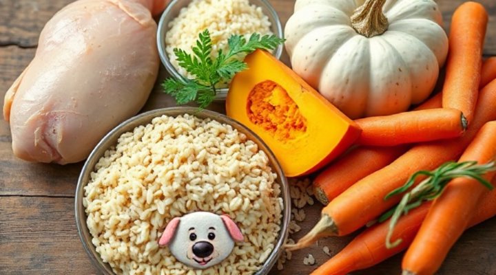 Healthy ingredients for dog food like chicken, rice, and pumpkin
