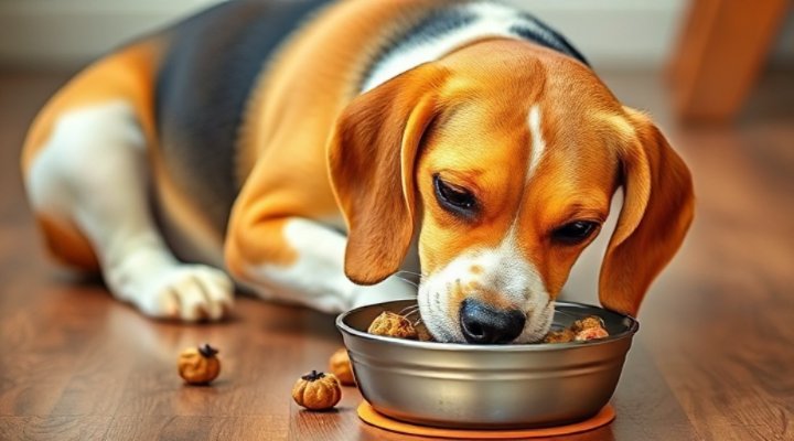 A dog happily eating from a bowl