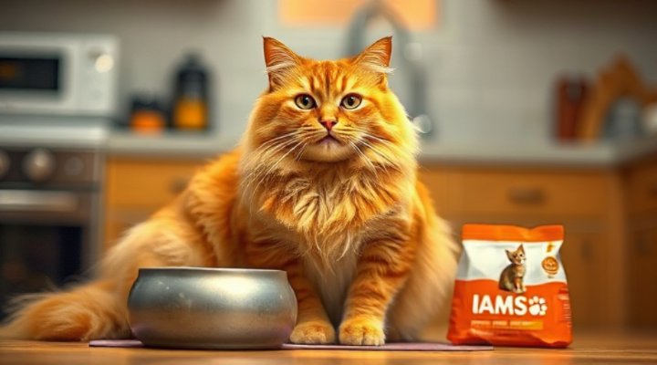 A happy cat enjoying a bowl of Iams cat food