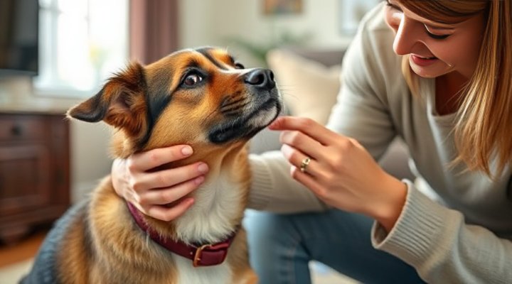 A loving owner comforting a dog with behavioral problems