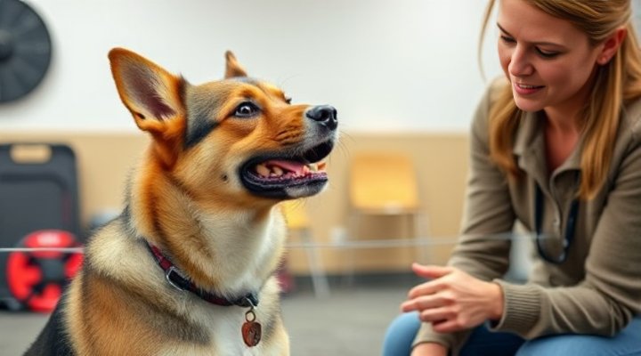 A professional dog behaviorist calmly working with an aggressive dog in a training session