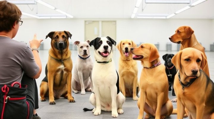 Dogs in a behavior training session