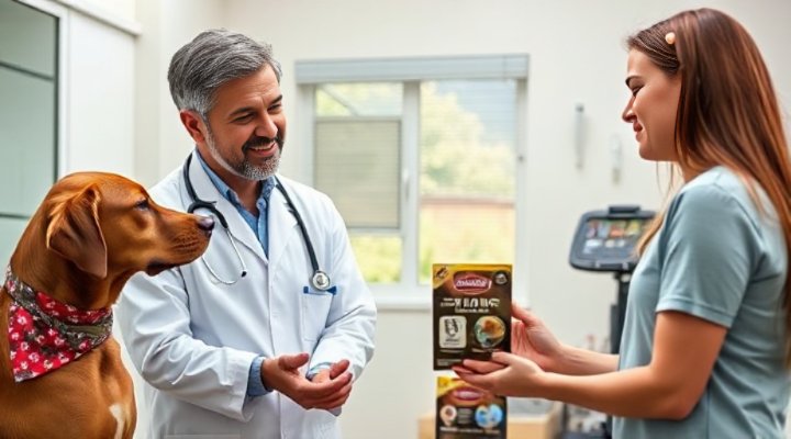 A veterinarian discussing dog food options with a pet owner