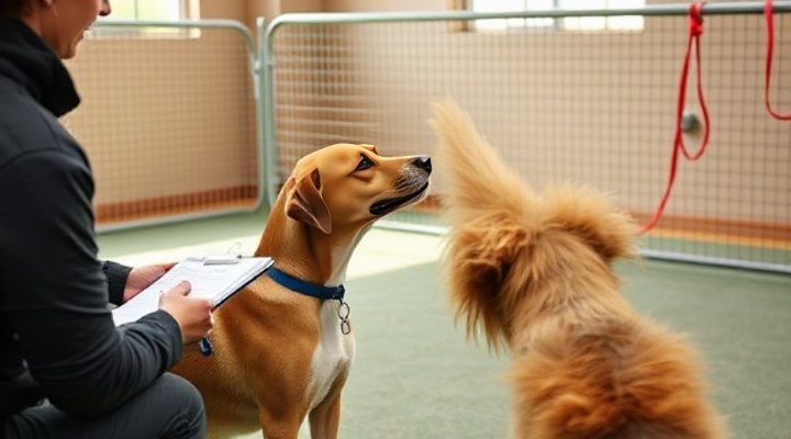 A dog behaviorist observing and assessing a dog