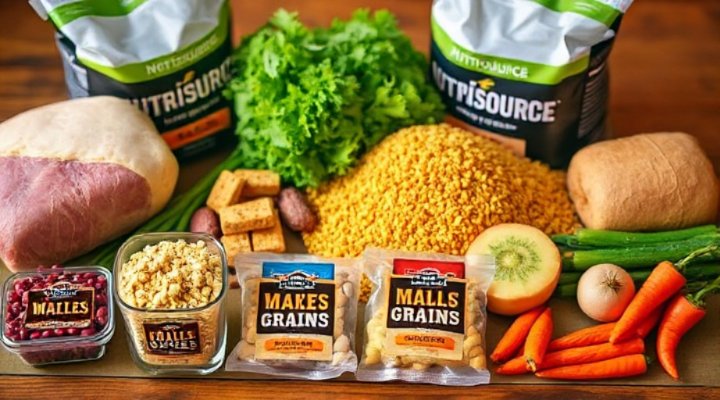 Nutrisource dog food ingredients displayed on a table