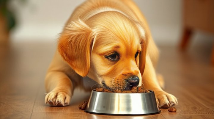 A golden retriever happily eating Nutrisource dog food from a bowl