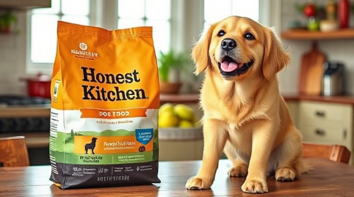Honest Kitchen dog food packaging on a kitchen counter