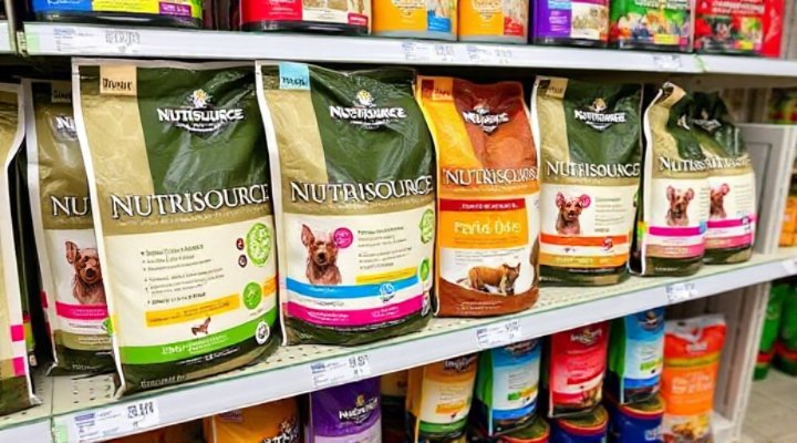 Nutrisource dog food bags on a shelf