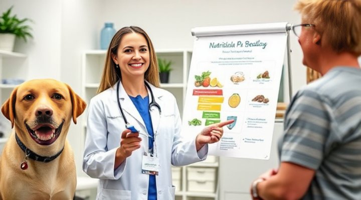 Professional veterinarian explaining farmers fresh dog food benefits