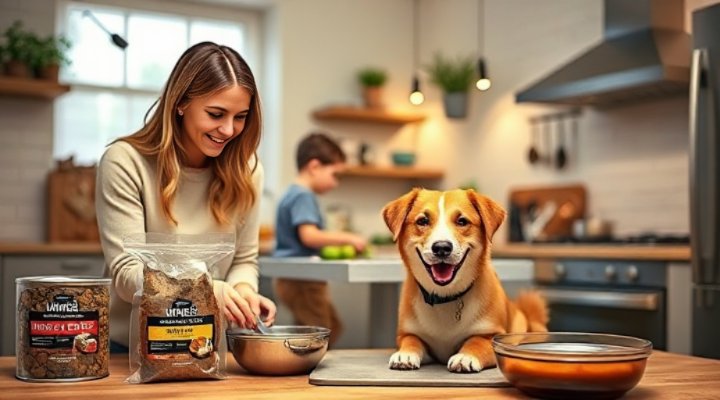 Loving family measuring and serving unkibble to their dog in a kitchen