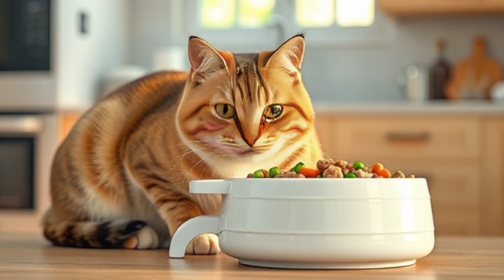 Adorable domestic shorthair cat happily eating from a ceramic bowl filled with fresh, moist cat food with visible meat pieces and vegetables