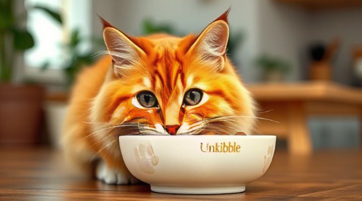 Adorable domestic shorthair cat happily eating Unkibble from a ceramic bowl