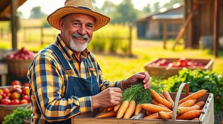 Local farmer selecting fresh vegetables for dog food preparation