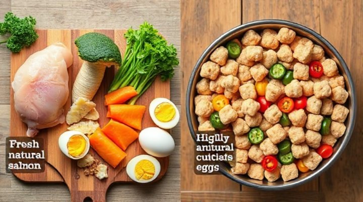 Side-by-side comparison showing fresh natural cat ingredients versus highly processed dry kibble