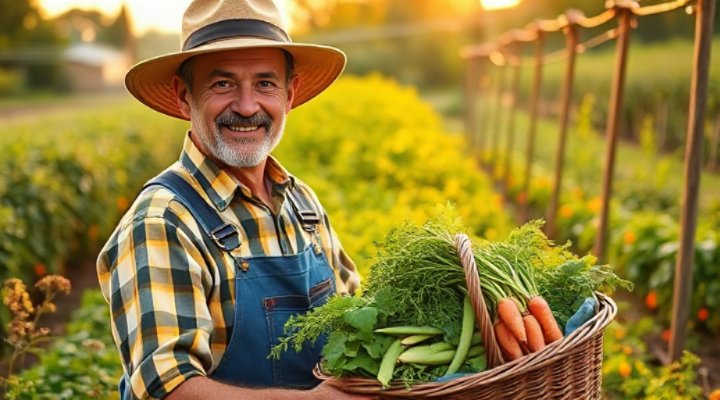 Friendly farmer harvesting fresh vegetables for dog food ingredients