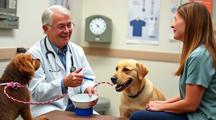 Friendly veterinarian explaining unkibble advantages to a attentive pet owner