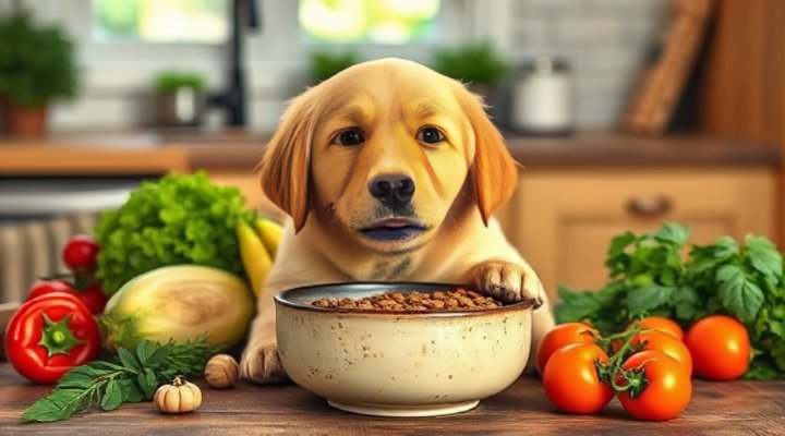 Golden retriever enjoying farmers fresh dog food from ceramic bowl