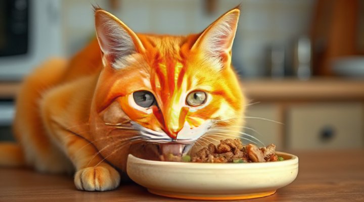 Adorable tabby cat happily eating fresh cat food from a ceramic bowl
