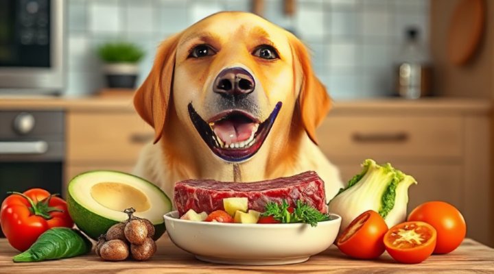 Golden retriever happily eating raw meat and vegetables from bowl
