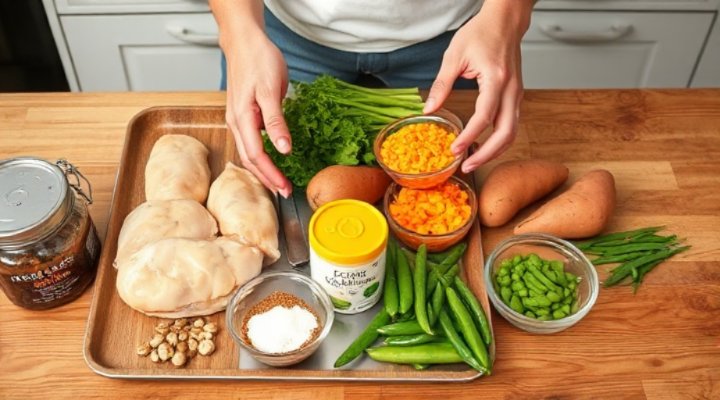 Person preparing fresh ingredients for homemade cat food on kitchen counter
