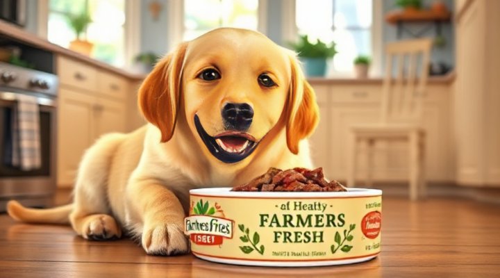 Golden retriever enjoying Farmers Fresh dog food from a bowl