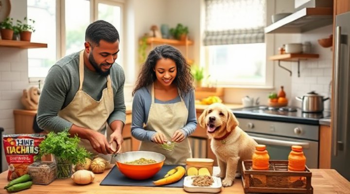 Loving family preparing farmers fresh dog food in kitchen