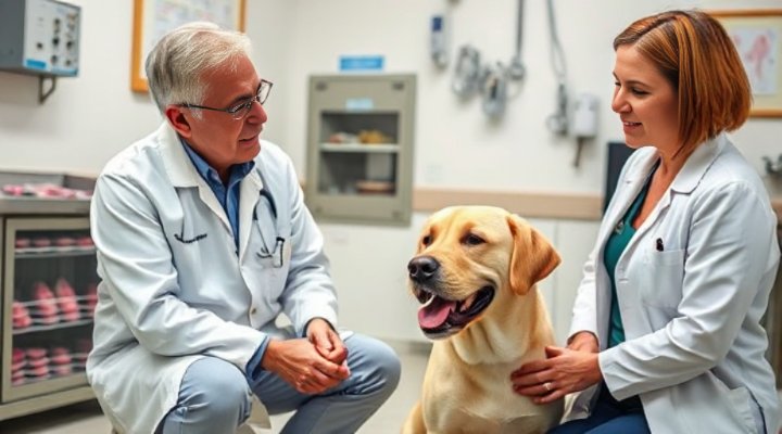 Professional veterinarian discussing raw diet with dog owner