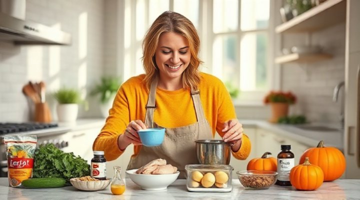 Caring woman preparing homemade fresh cat food in modern kitchen