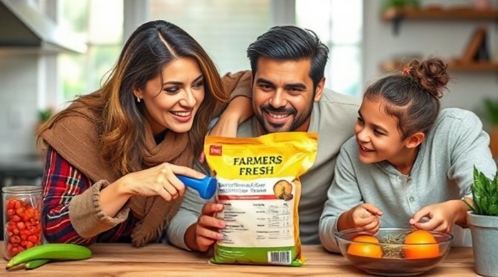 Family reading farmers fresh dog food ingredient label together