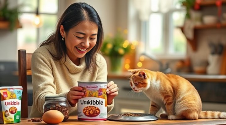 Caring woman preparing Unkibble meal for her happy cat