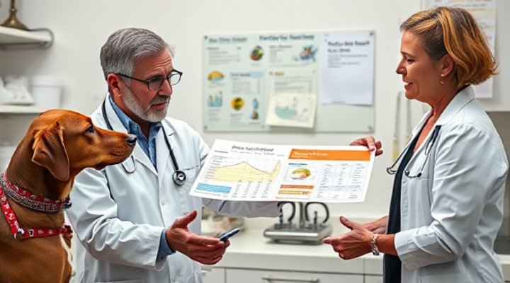 Friendly veterinarian discussing raw diet options with dog owner