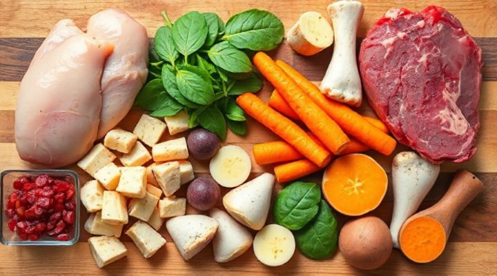 Assortment of raw meats, bones, and vegetables for canine diet