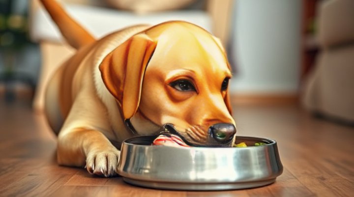 A dog eagerly eating raw food from a bowl