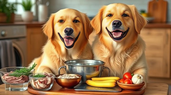 Golden retriever happily eating raw diet from a bowl