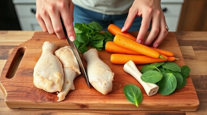 Person preparing balanced raw diet with meat, bones and vegetables